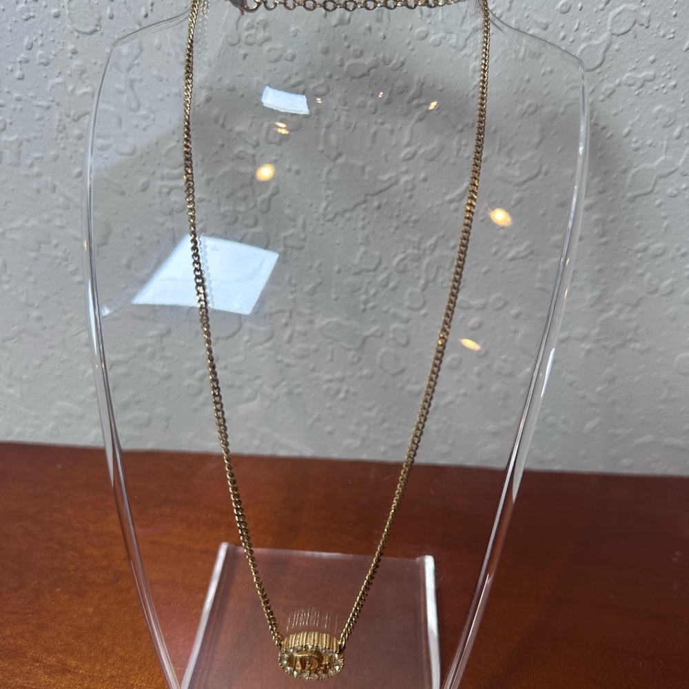 Christian Dior Authentic necklace oval logo pendant rhinestone gold plated